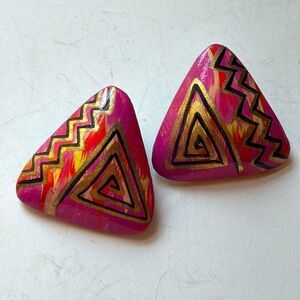 Hot Pink gold orange Wooden hand painted triangular retro vibe post earrings